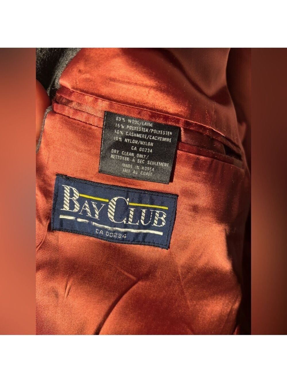 Vintage Bay Club Wool & Cashmere Tall Coat Grey Luxe Orange Lining Men Size 42 - Picture 7 of 17